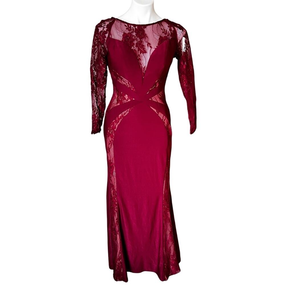 Elegant Burgundy Lace Evening Dress lace overlay Ruby embellishment size 8